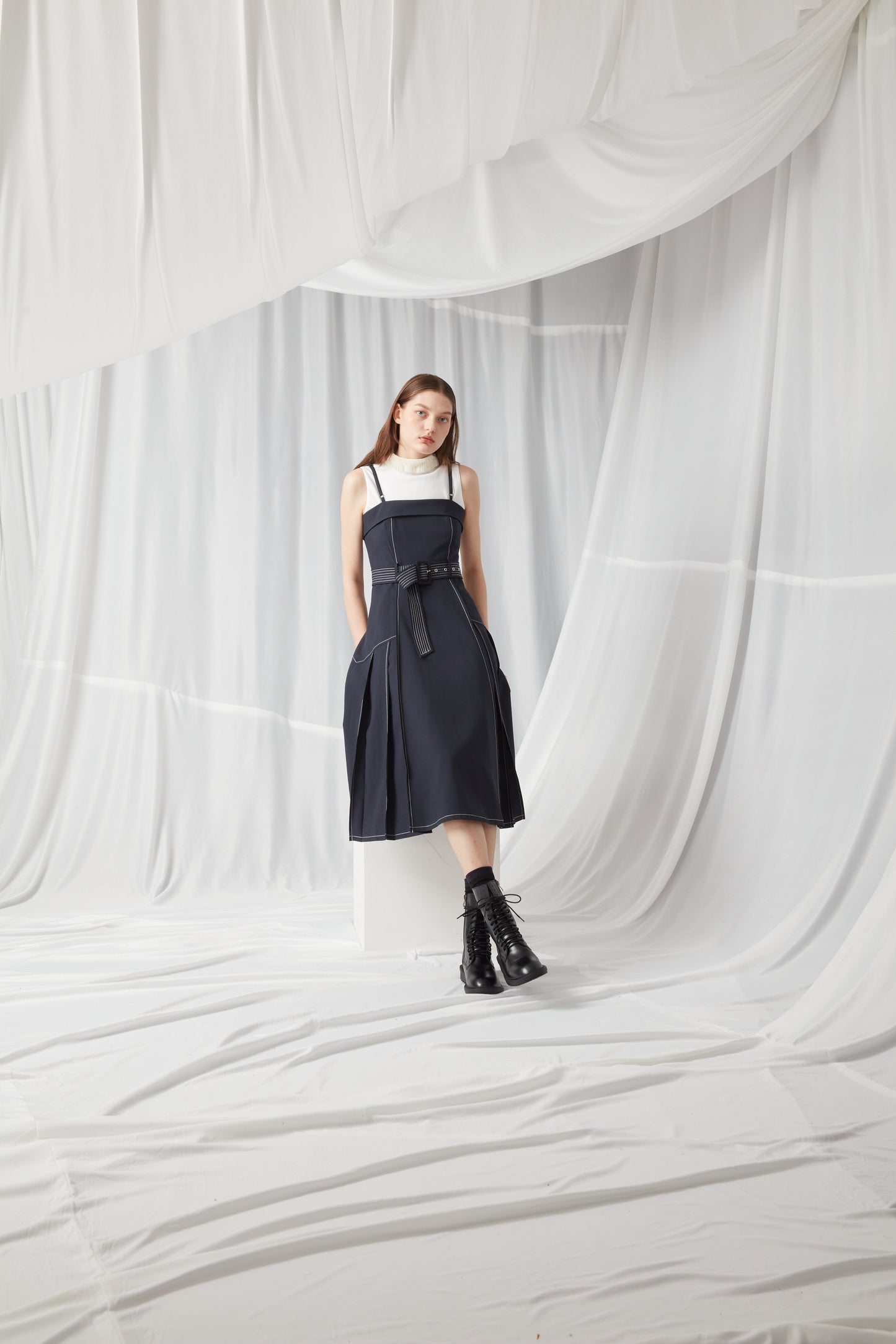 Tall Sleeveless Belted Contrast Stitch Dress - NAVY BLUE