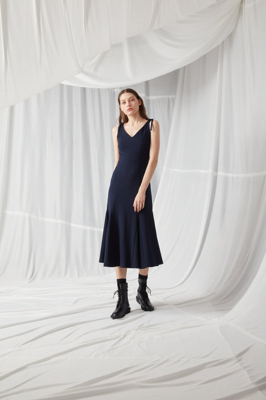 V-Neck Spaghetti Strap A-Line Dress - NAVY BLUE