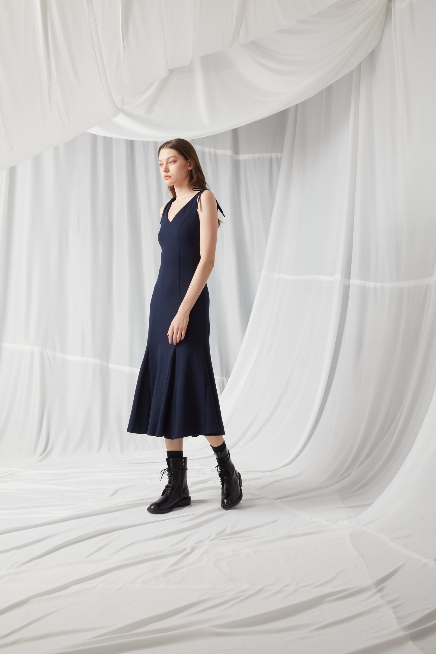 V-Neck Spaghetti Strap A-Line Dress - NAVY BLUE