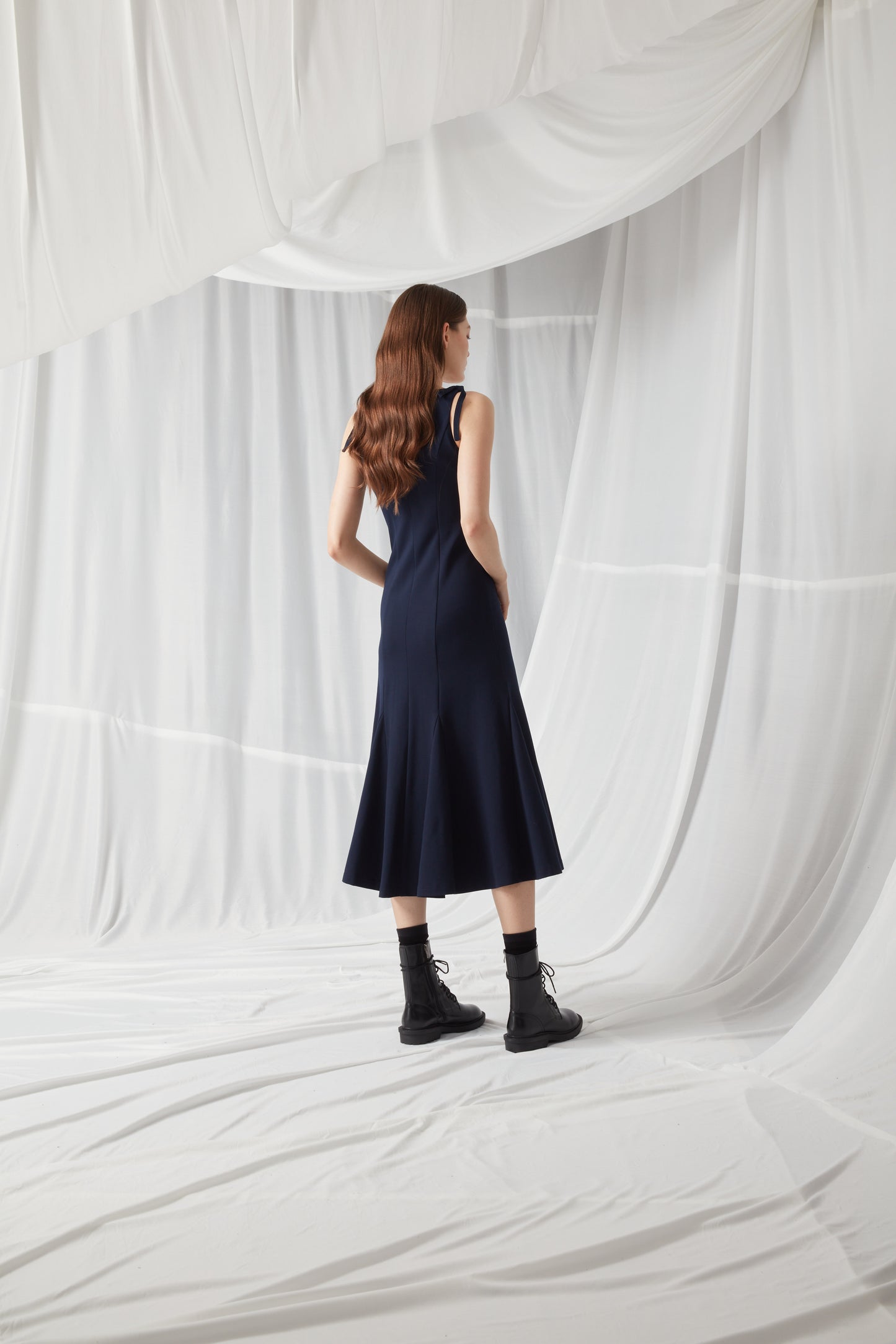 V-Neck Spaghetti Strap A-Line Dress - NAVY BLUE