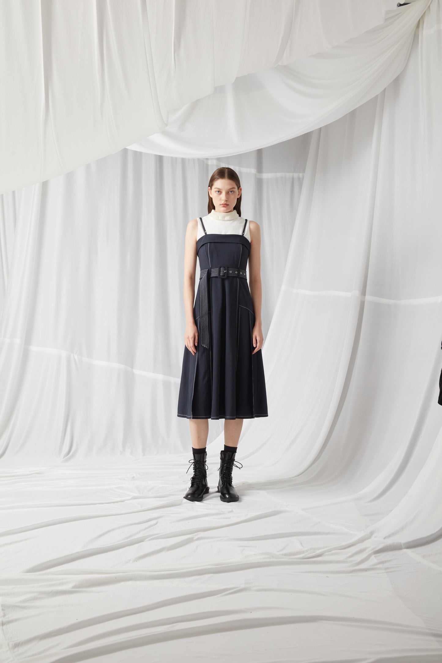 Tall Sleeveless Belted Contrast Stitch Dress - NAVY BLUE
