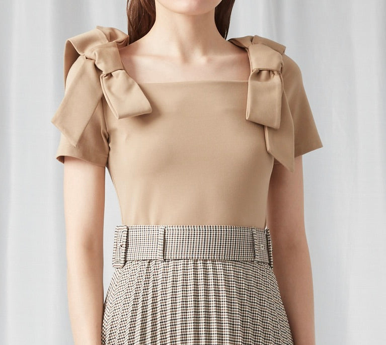 Square Collar Bow Short Sleeve Top - BLACK / KHAKI