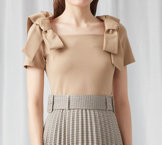 Square Collar Bow Short Sleeve Top - BLACK / KHAKI