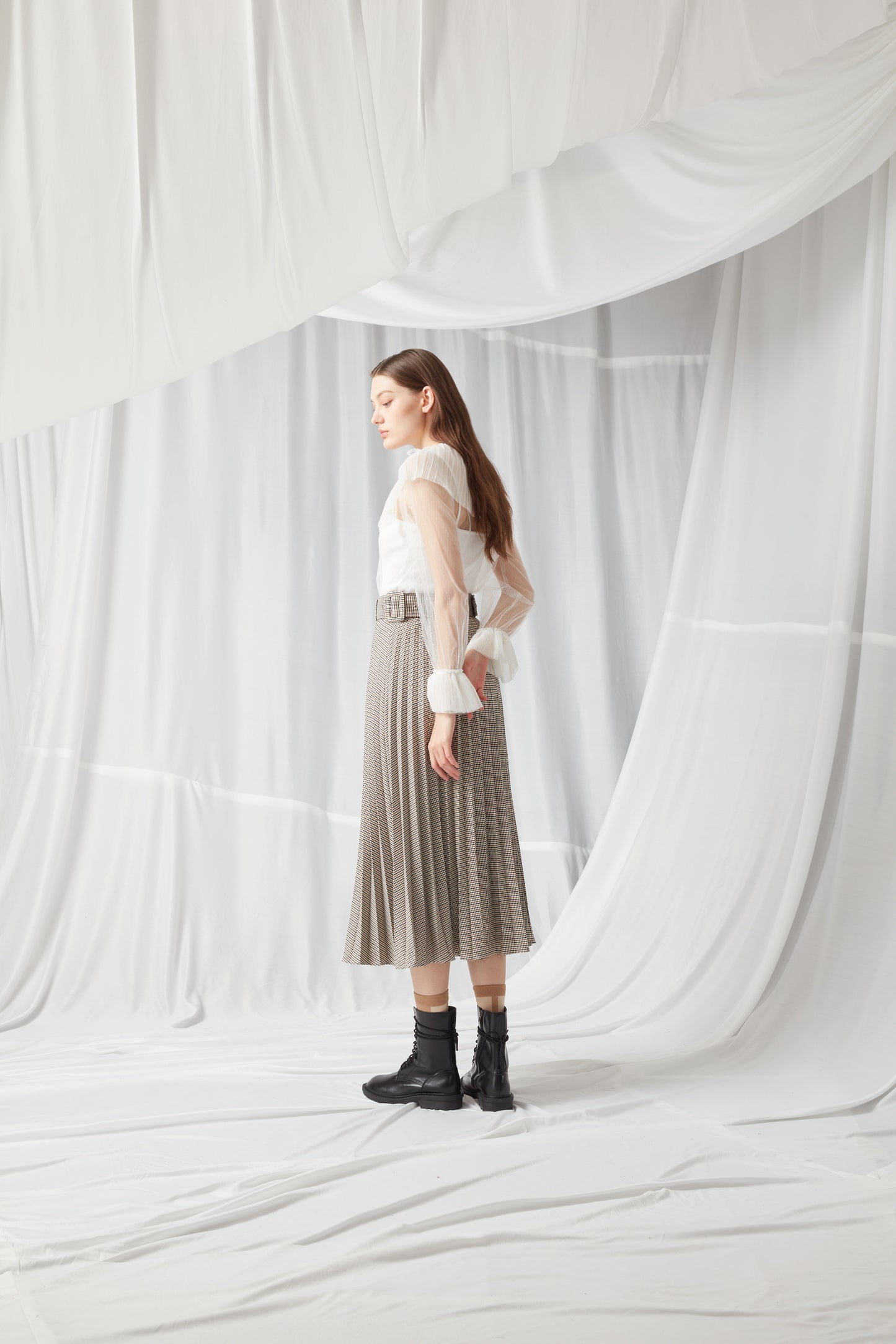 Houndstooth Belted Pleated Maxi Skirt