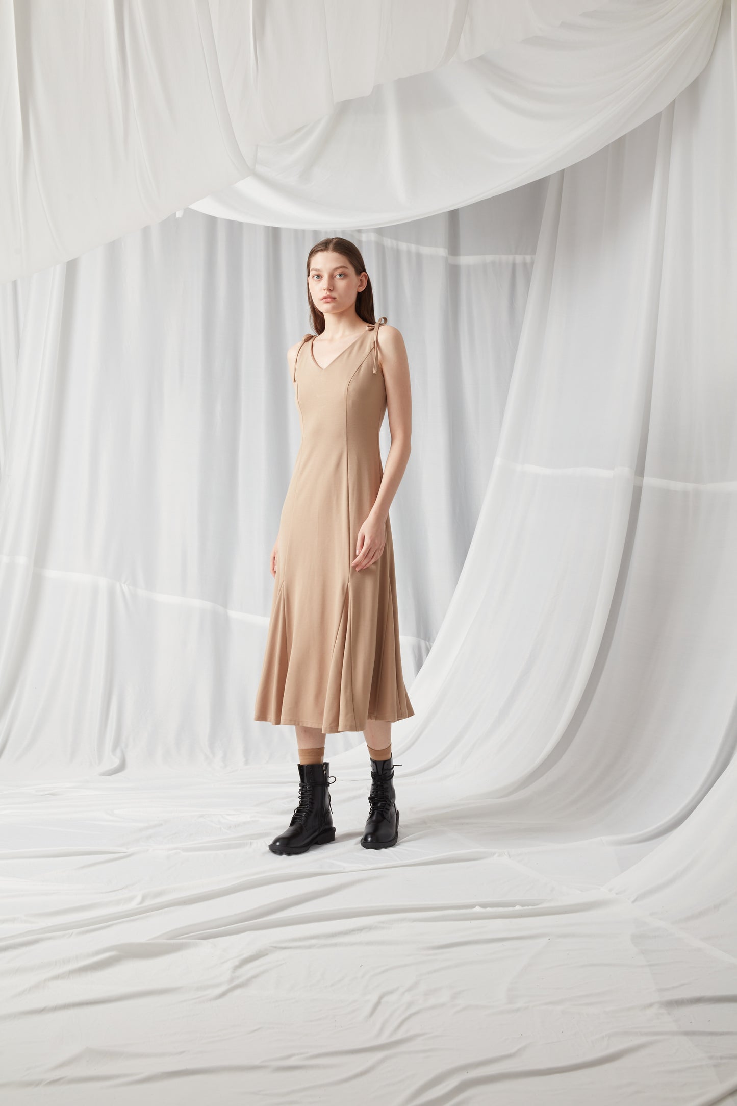 V Neck Jersey Dress - KHAKI