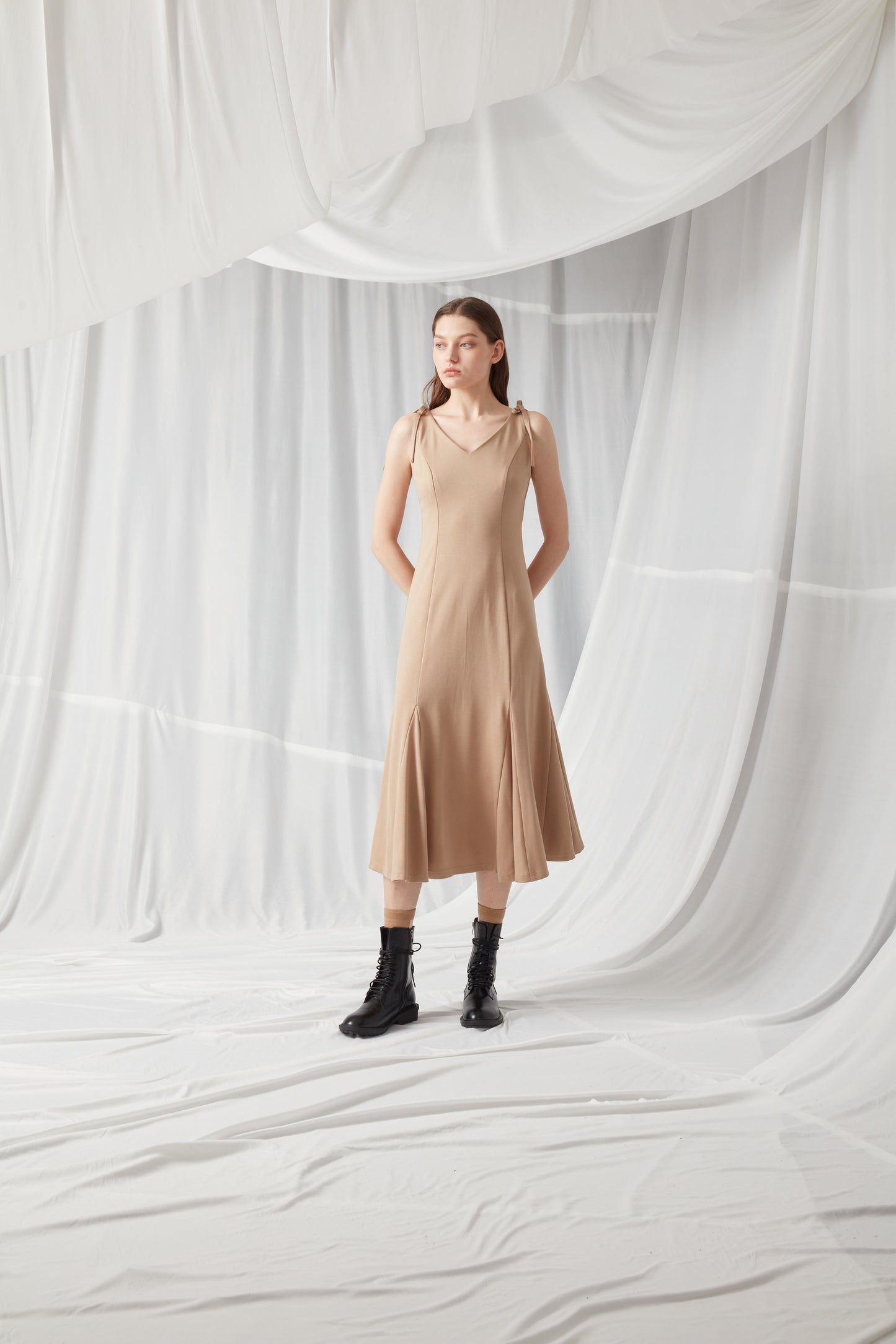 V Neck Jersey Dress - KHAKI