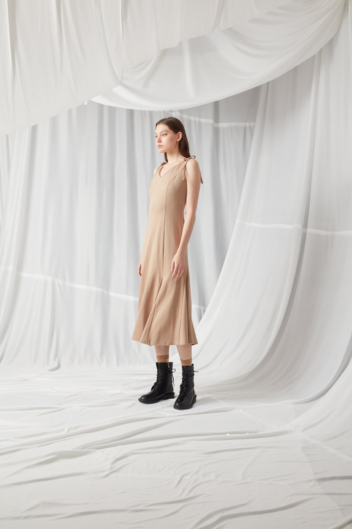 V Neck Jersey Dress - KHAKI