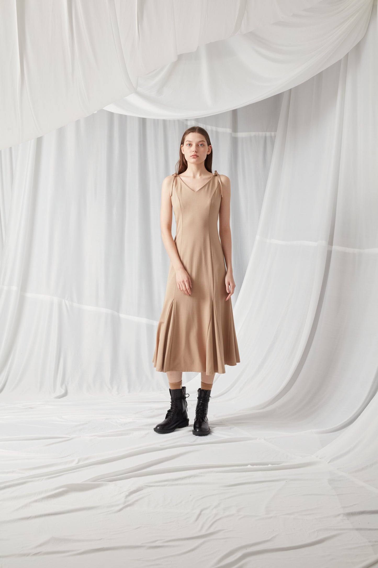 V Neck Jersey Dress - KHAKI