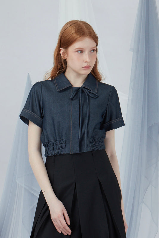 Cropped Short Sleeve Denim Top