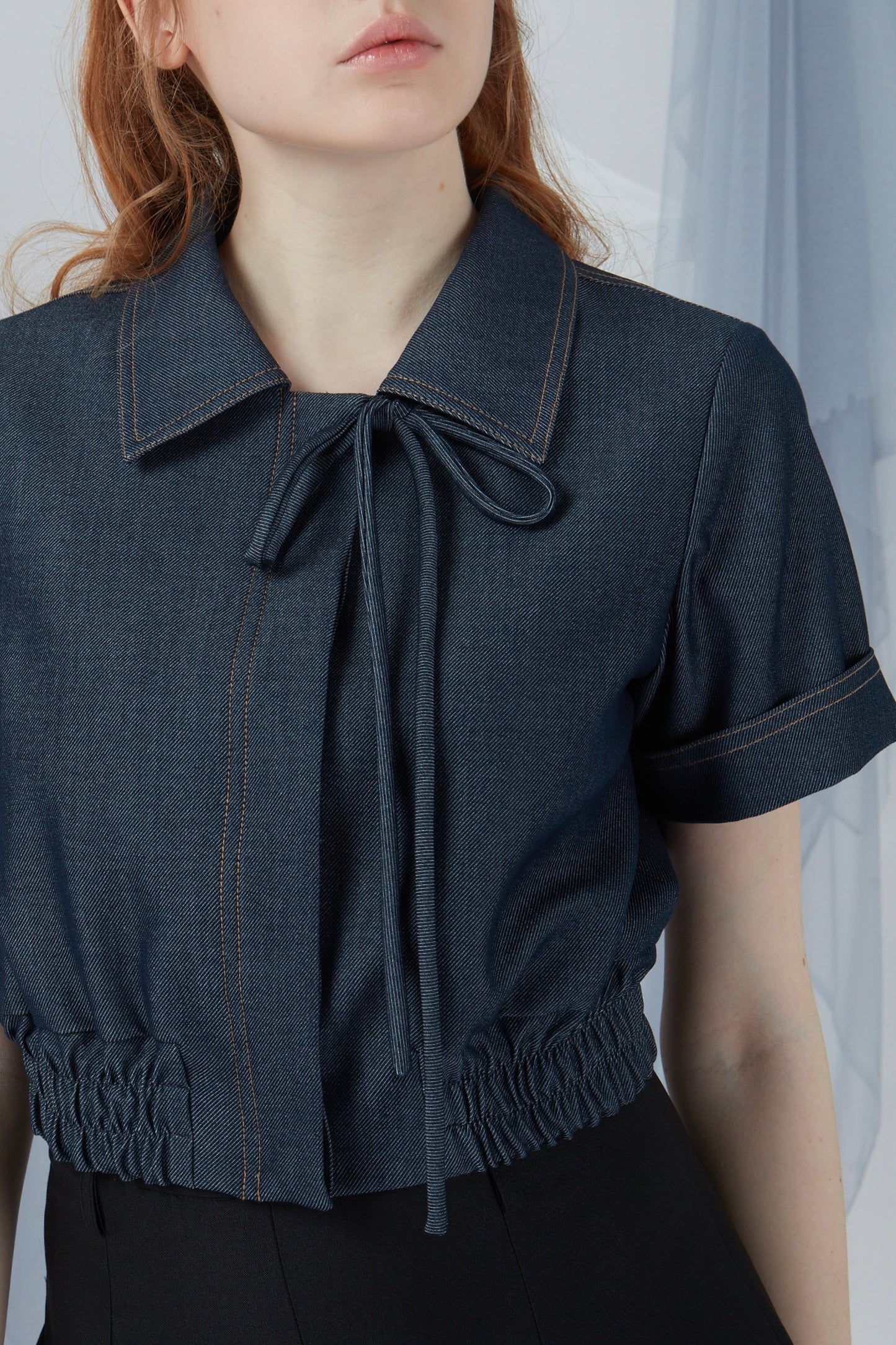 Cropped Short Sleeve Denim Top