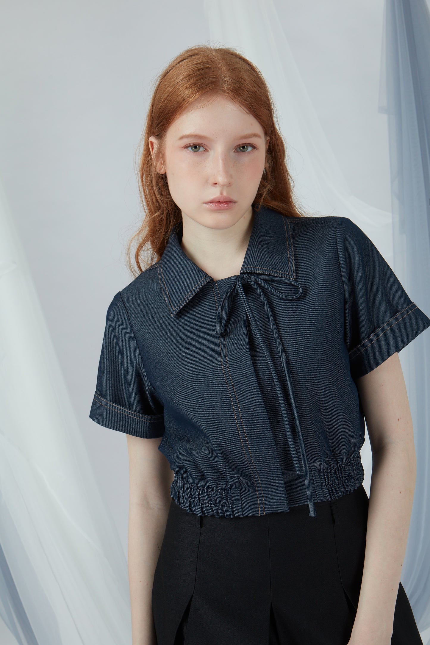 Cropped Short Sleeve Denim Top