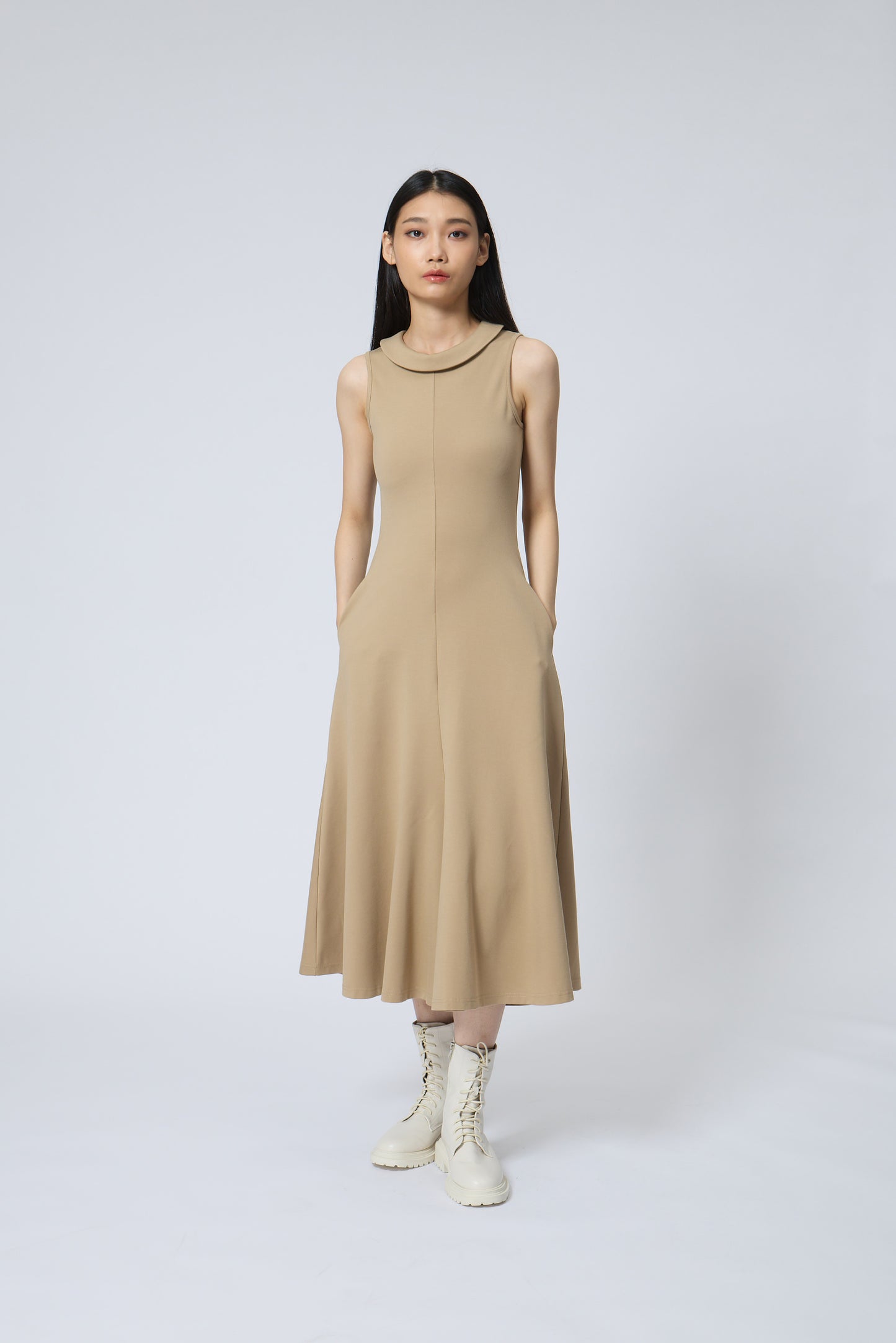 Sleeveless Rolled-Collar A-Line Dress