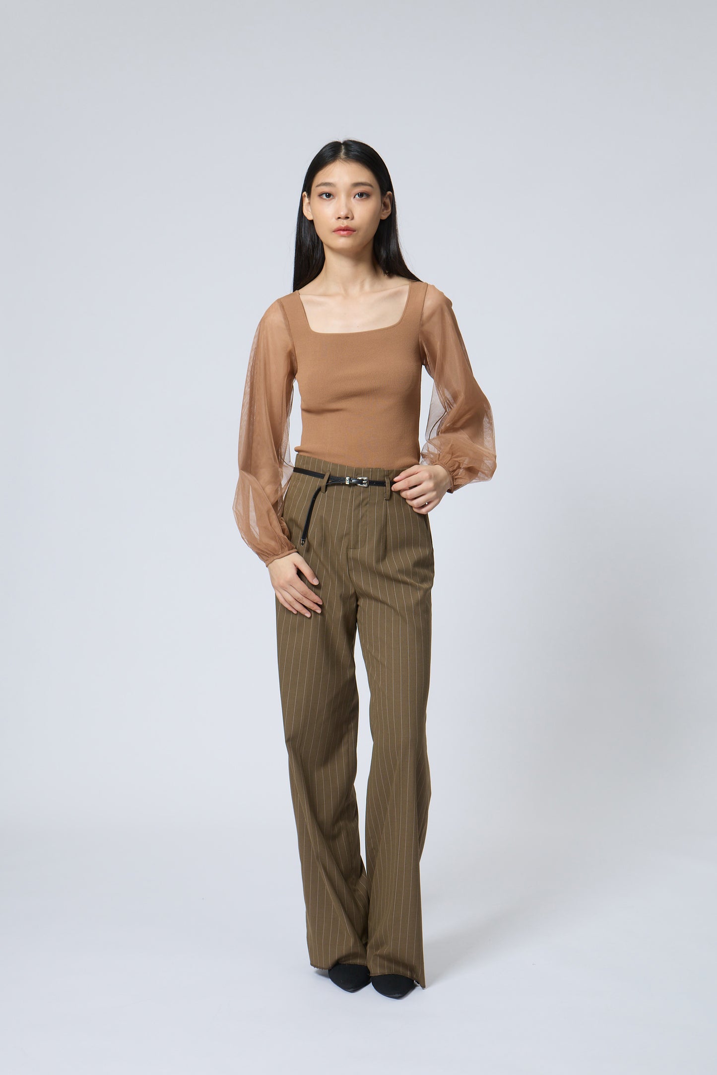 Square-Neck Mesh Sleeve Knit Top