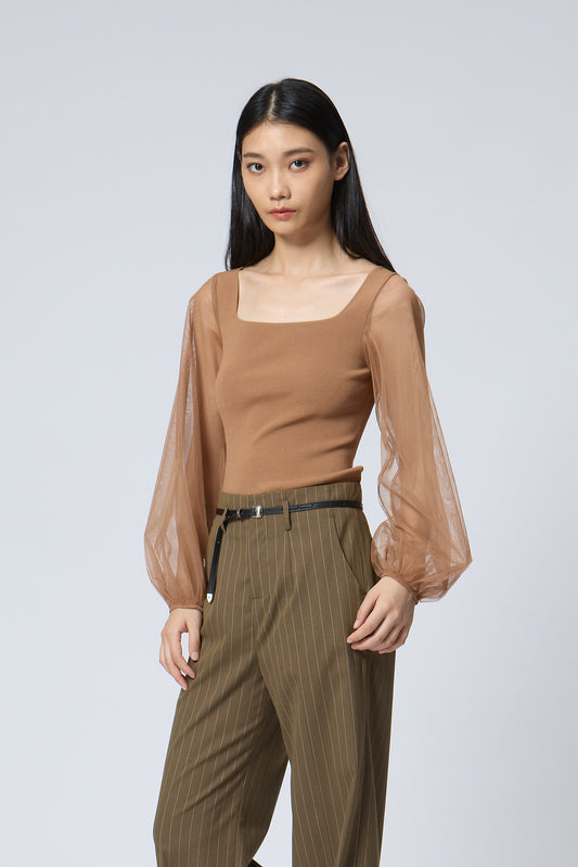 Square-Neck Mesh Sleeve Knit Top