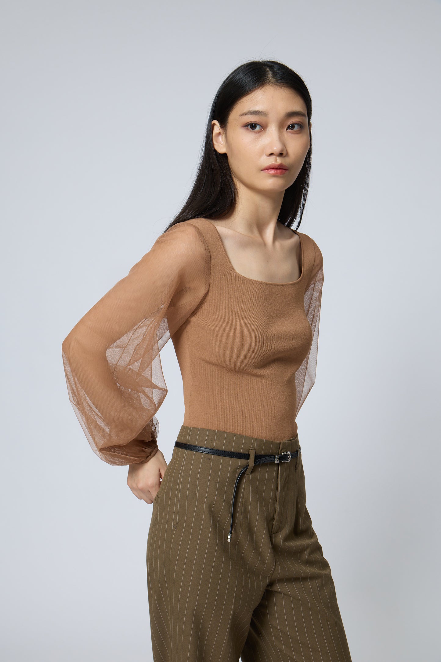 Square-Neck Mesh Sleeve Knit Top