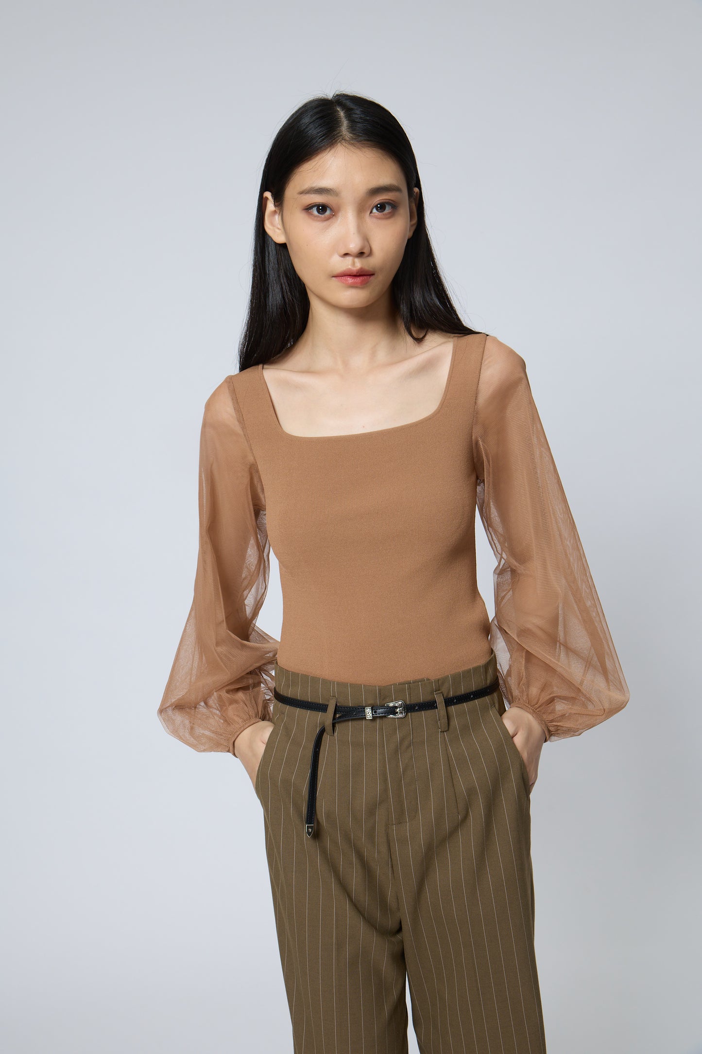 Square-Neck Mesh Sleeve Knit Top