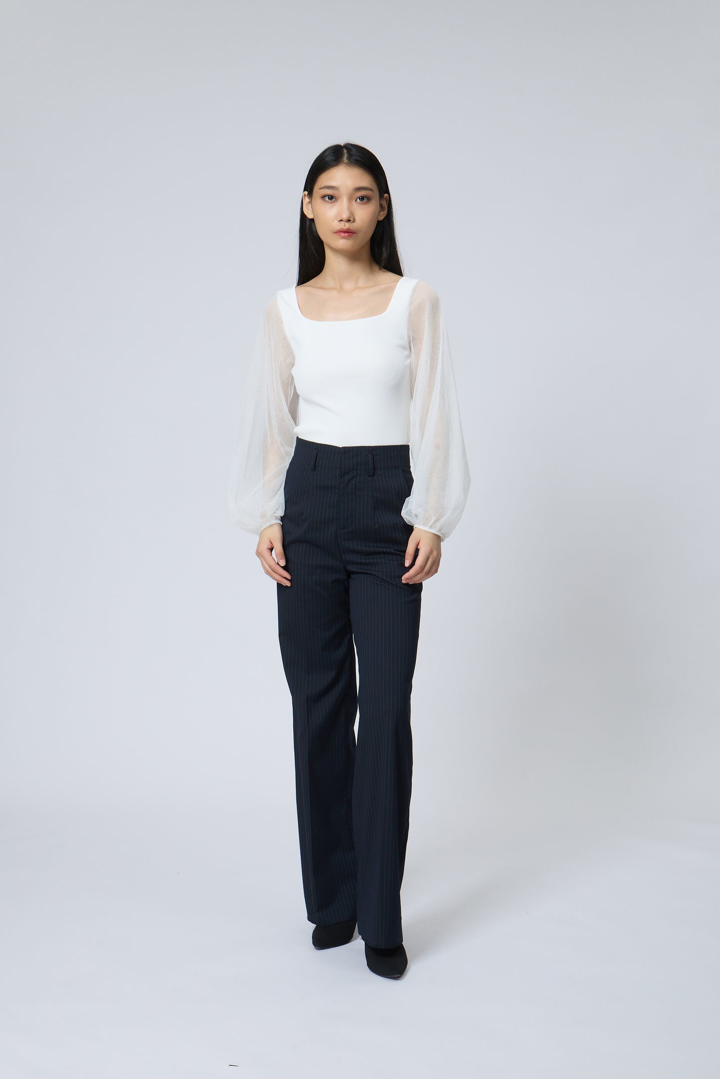 Square-Neck Mesh Sleeve Knit Top
