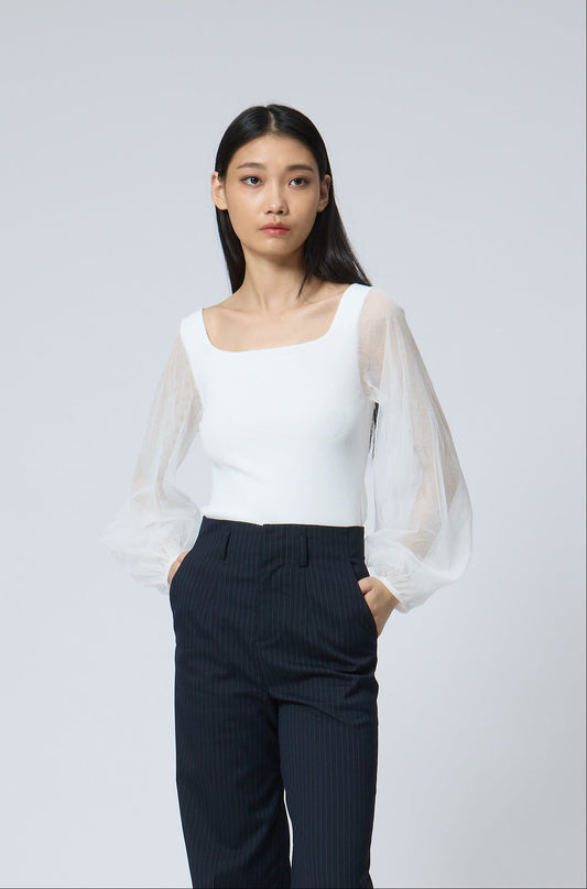 Square-Neck Mesh Sleeve Knit Top