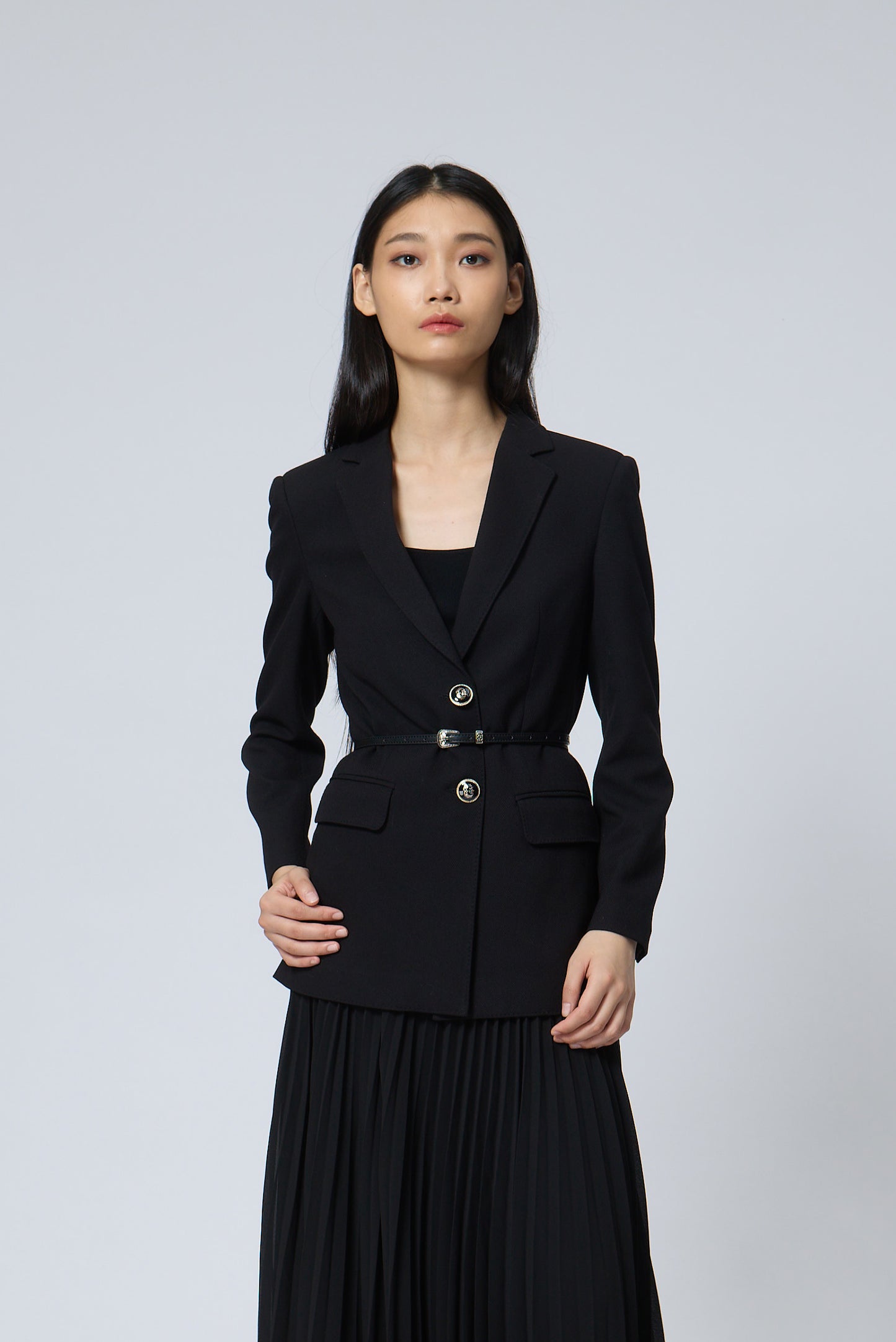Gold-Accent Cinched Blazer