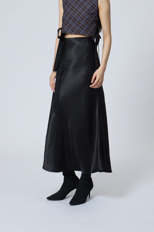 Midnight Satin Bias-Cut Midi Skirt
