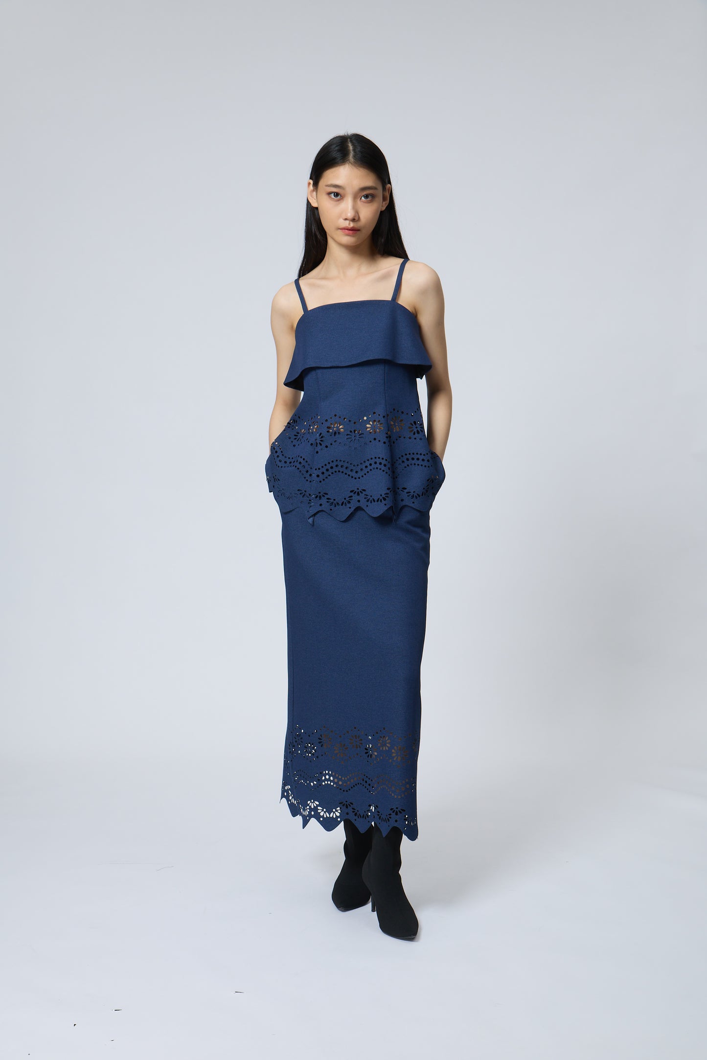 The Indigo Eyelet Embroidery Top & skirt set