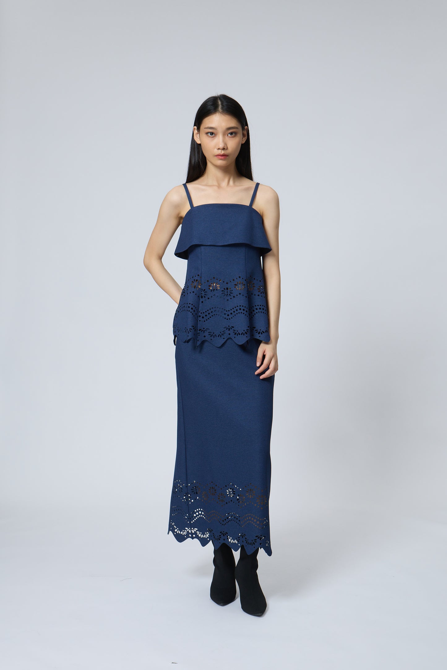 The Indigo Eyelet Embroidery Top & skirt set
