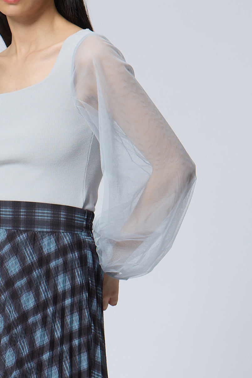 Square-Neck Mesh Sleeve Knit Top