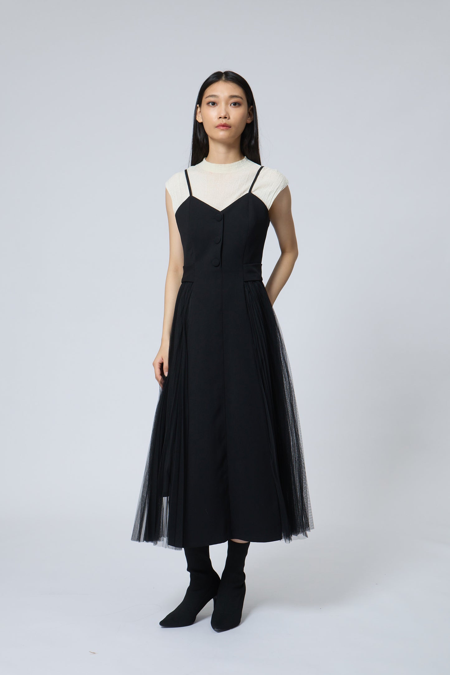 Pleated Mesh Midi Dress