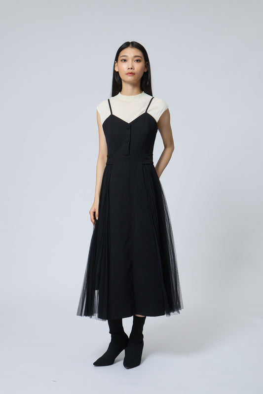 Pleated Mesh Midi Dress