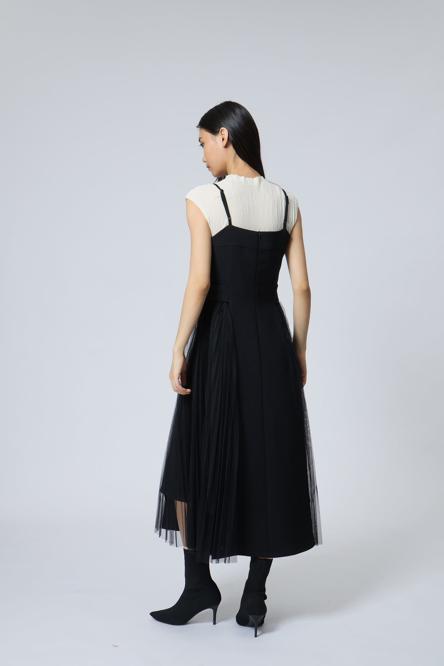 Pleated Mesh Midi Dress