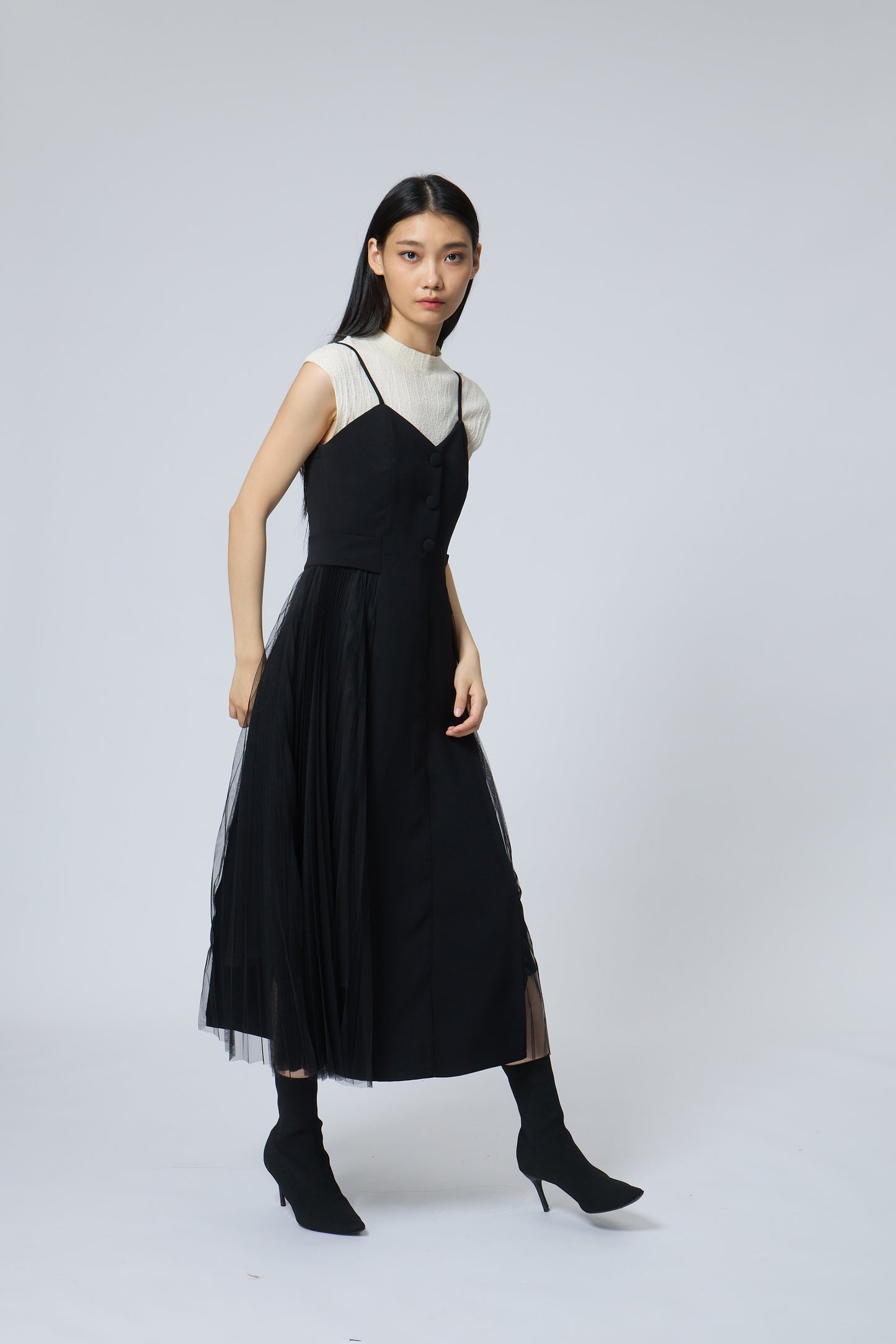 Pleated Mesh Midi Dress