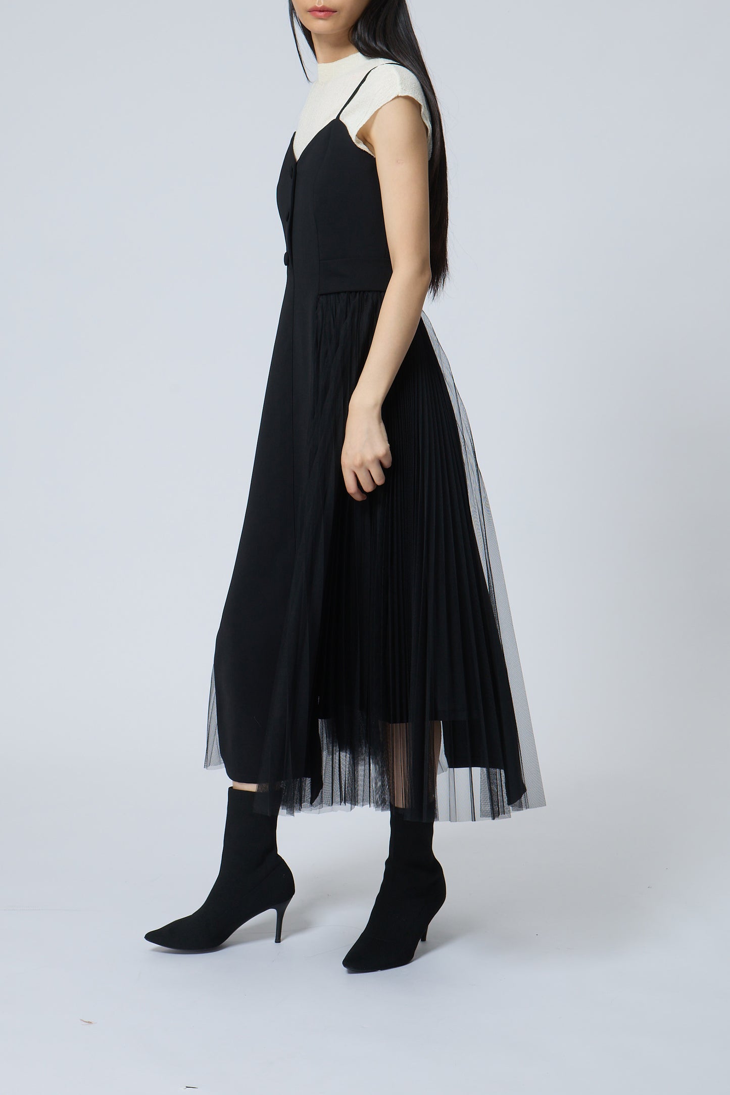 Pleated Mesh Midi Dress