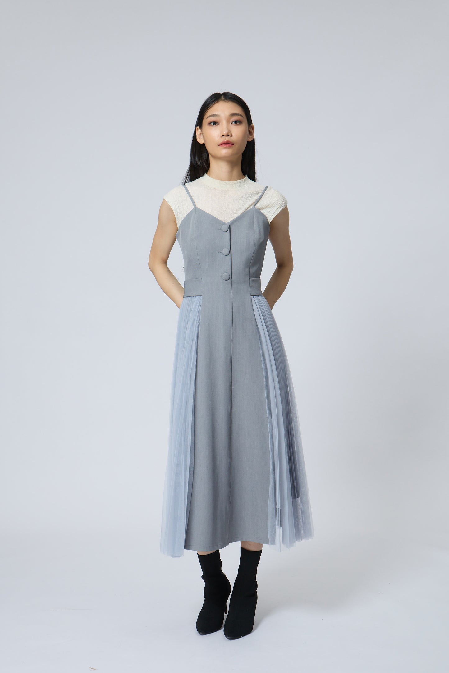 Pleated Mesh Midi Dress