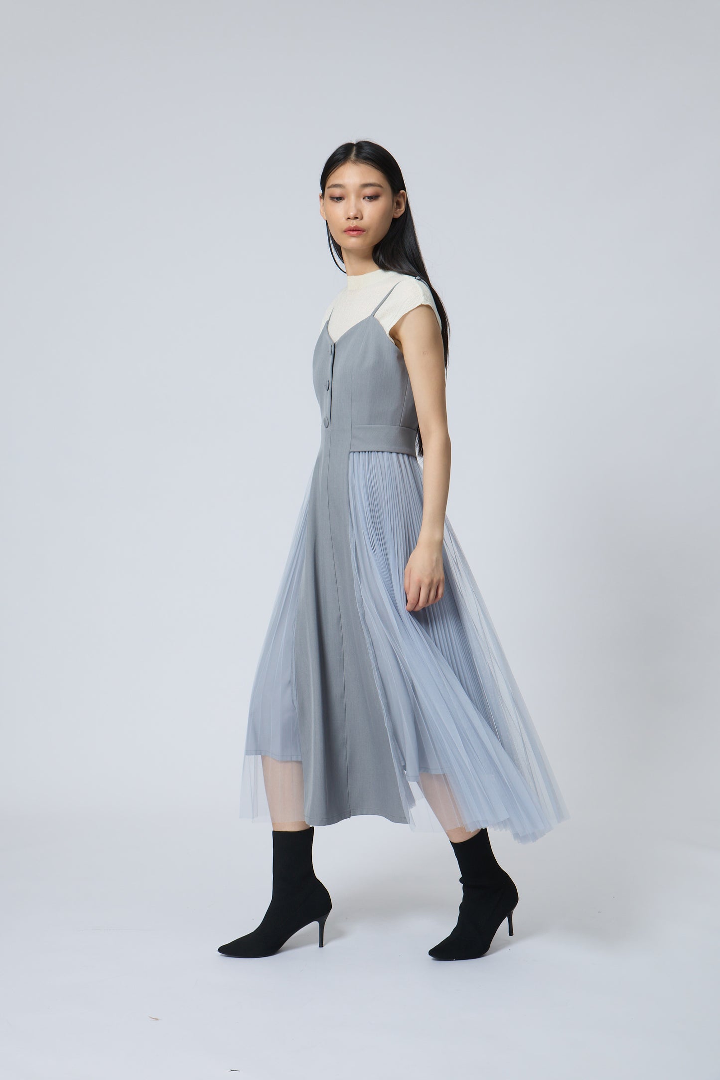 Pleated Mesh Midi Dress