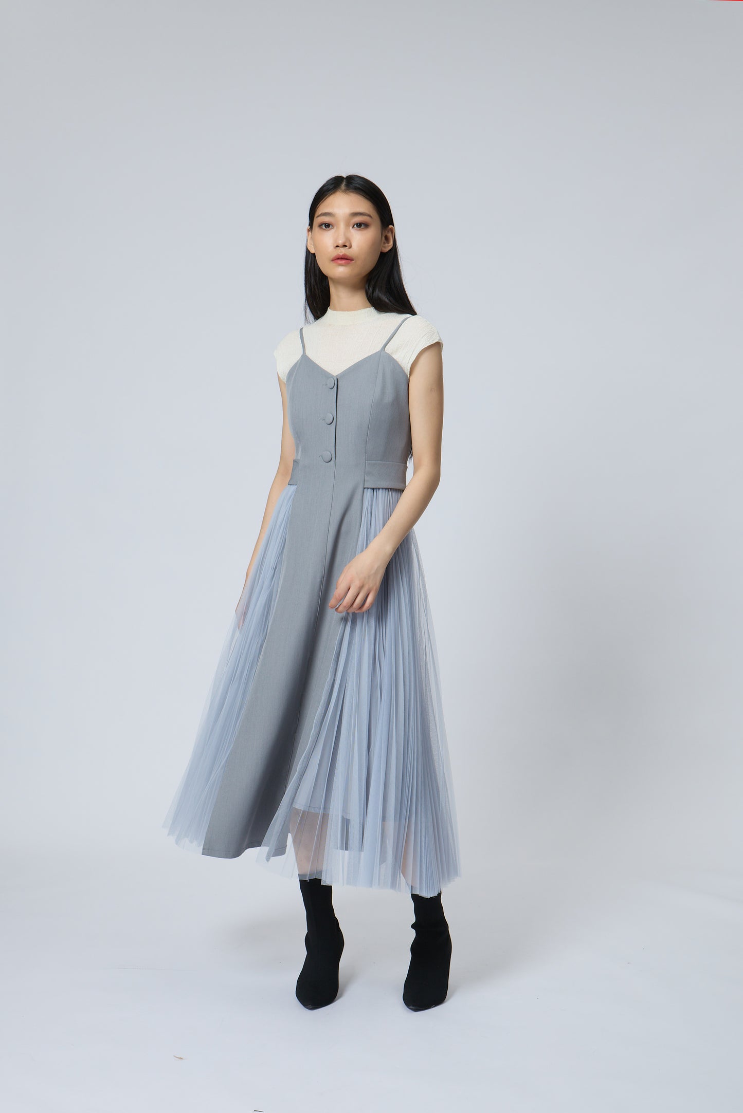 Pleated Mesh Midi Dress
