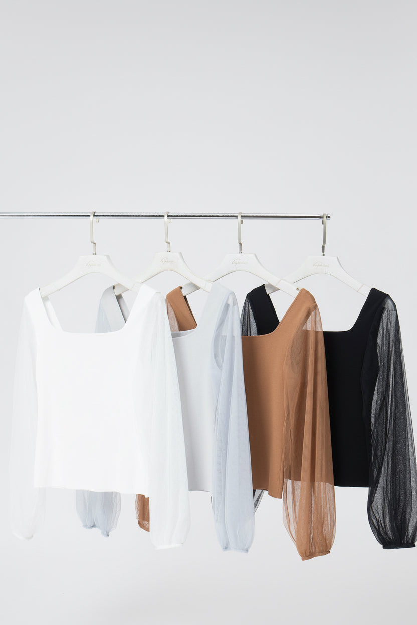 Square-Neck Mesh Sleeve Knit Top