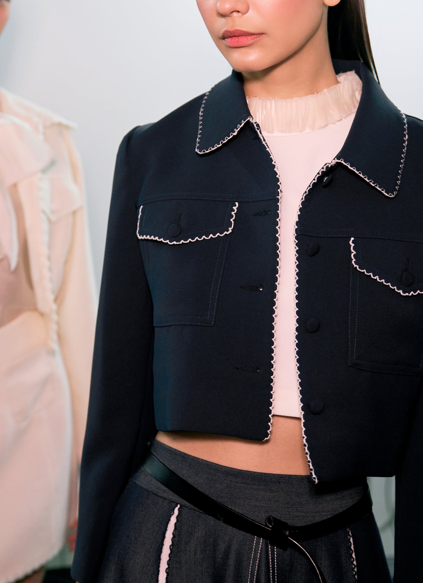 White Embroidery Cropped Jacket with Pockets
