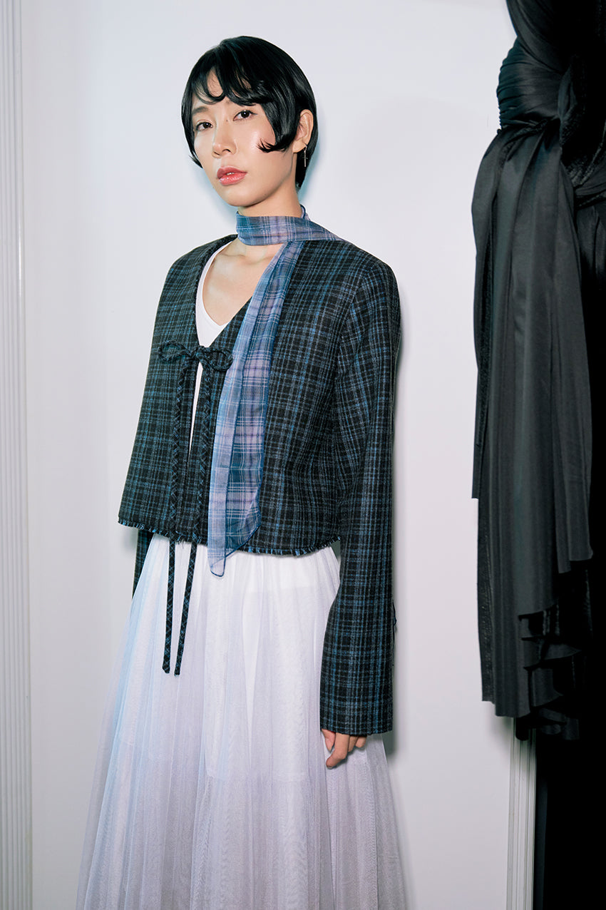 Checked Tweed Wool Blend Cropped Coat