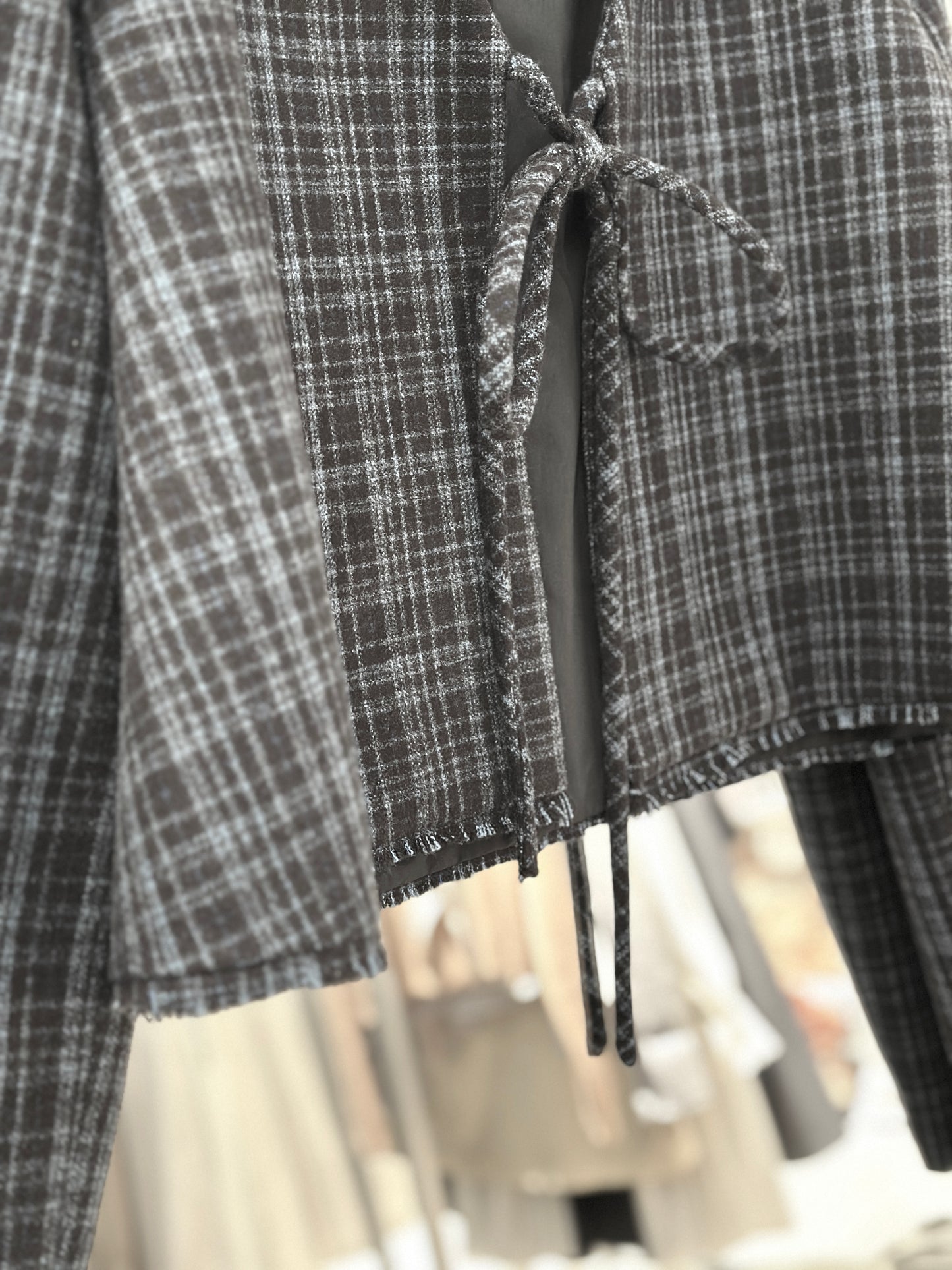Checked Tweed Wool Blend Cropped Coat