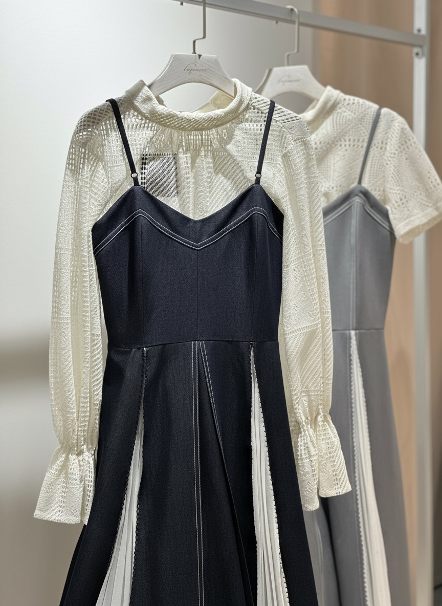 Denim V-neck Pleated Dress