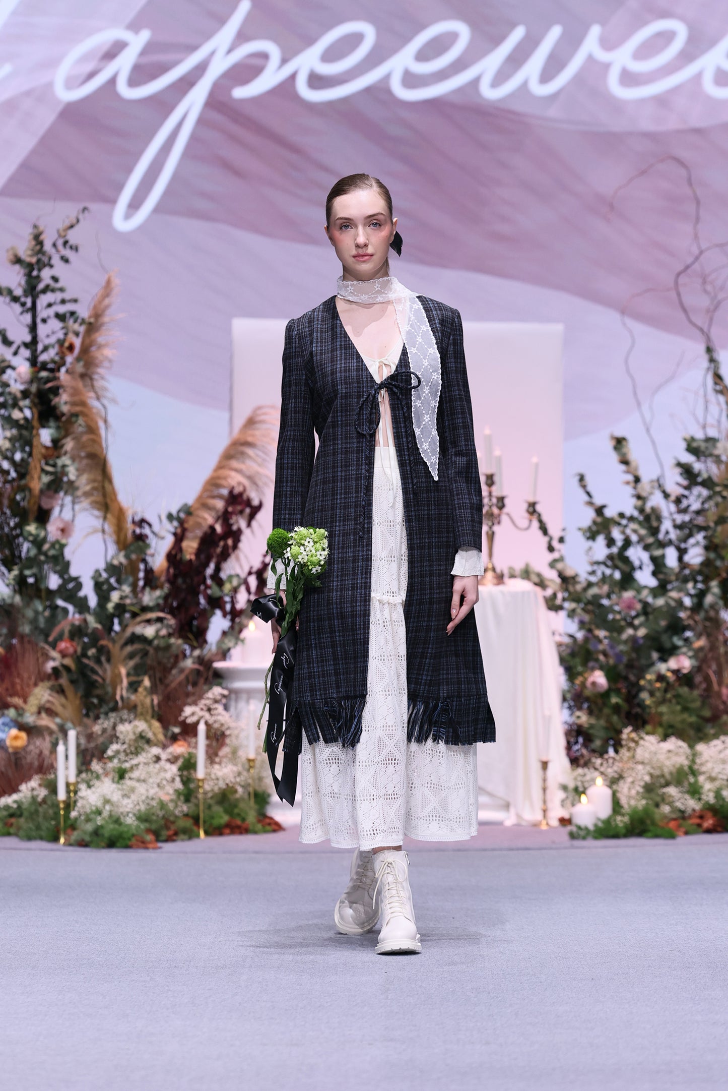 Checked Tweed Wool Blend Long Coat