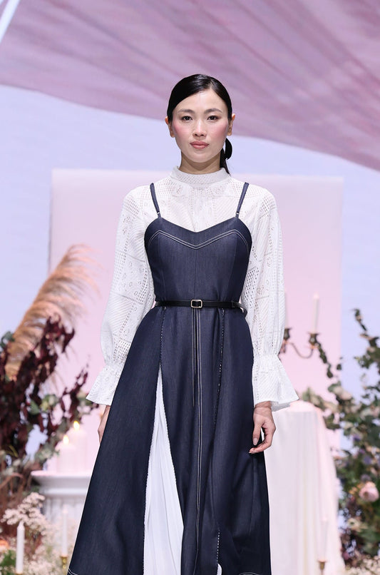 Denim V-neck Pleated Dress