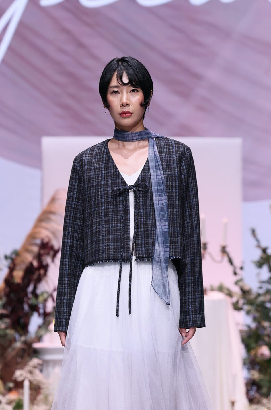 Checked Tweed Wool Blend Cropped Coat