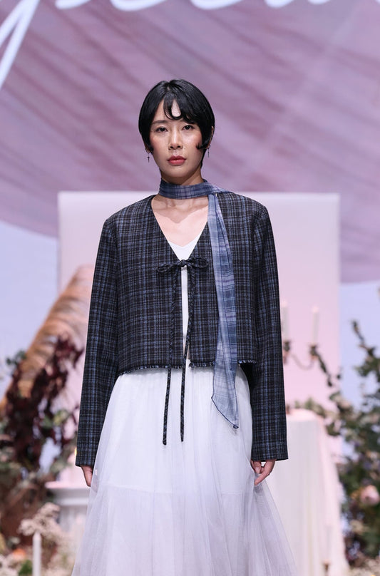 Checked Tweed Wool Blend Cropped Coat