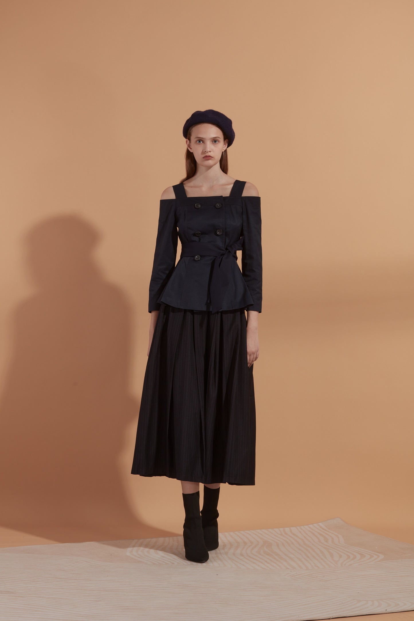 Off-the-shoulder double-breasted crepe top