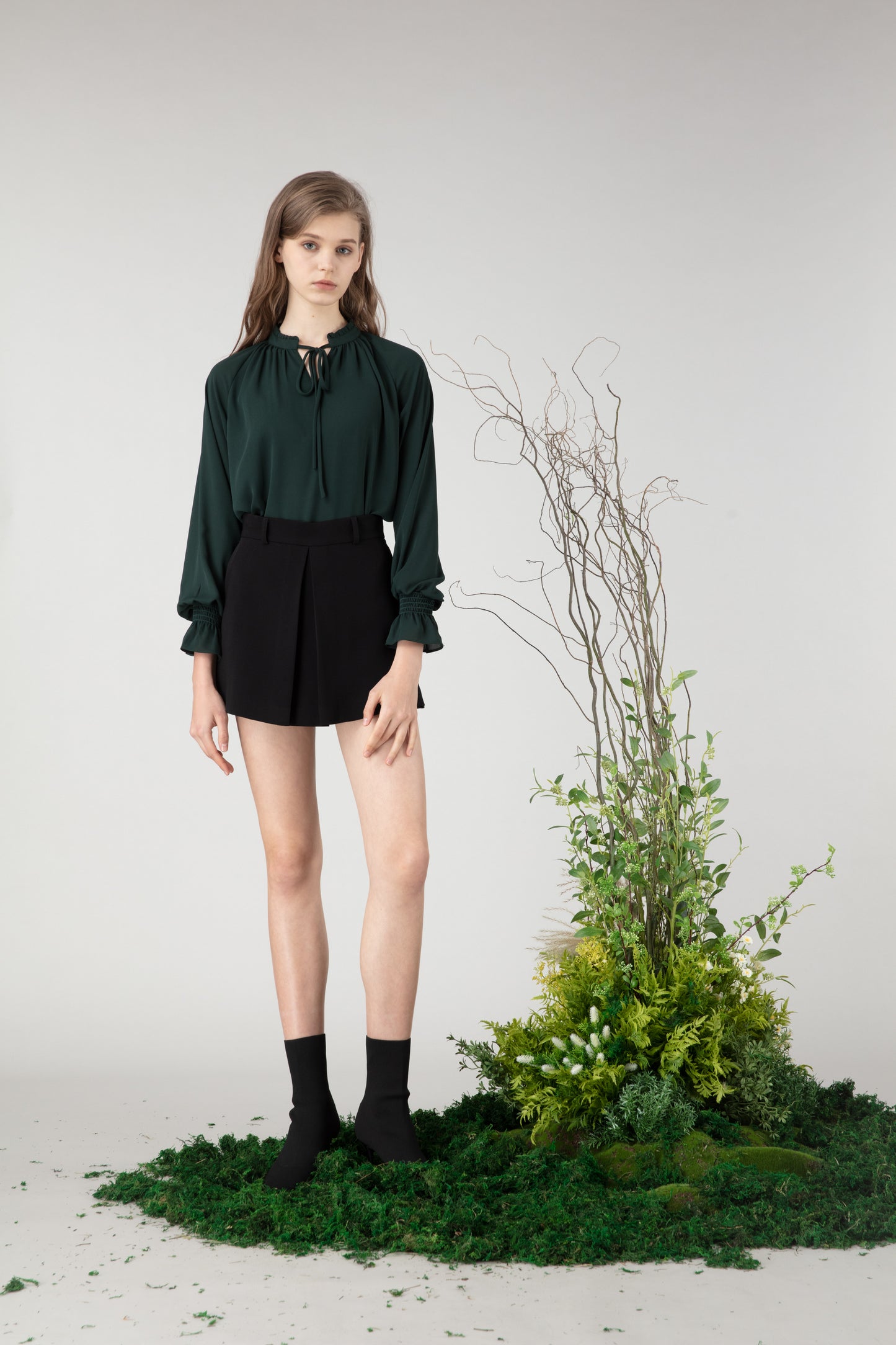 Tie-neck georgette blouse（Green)